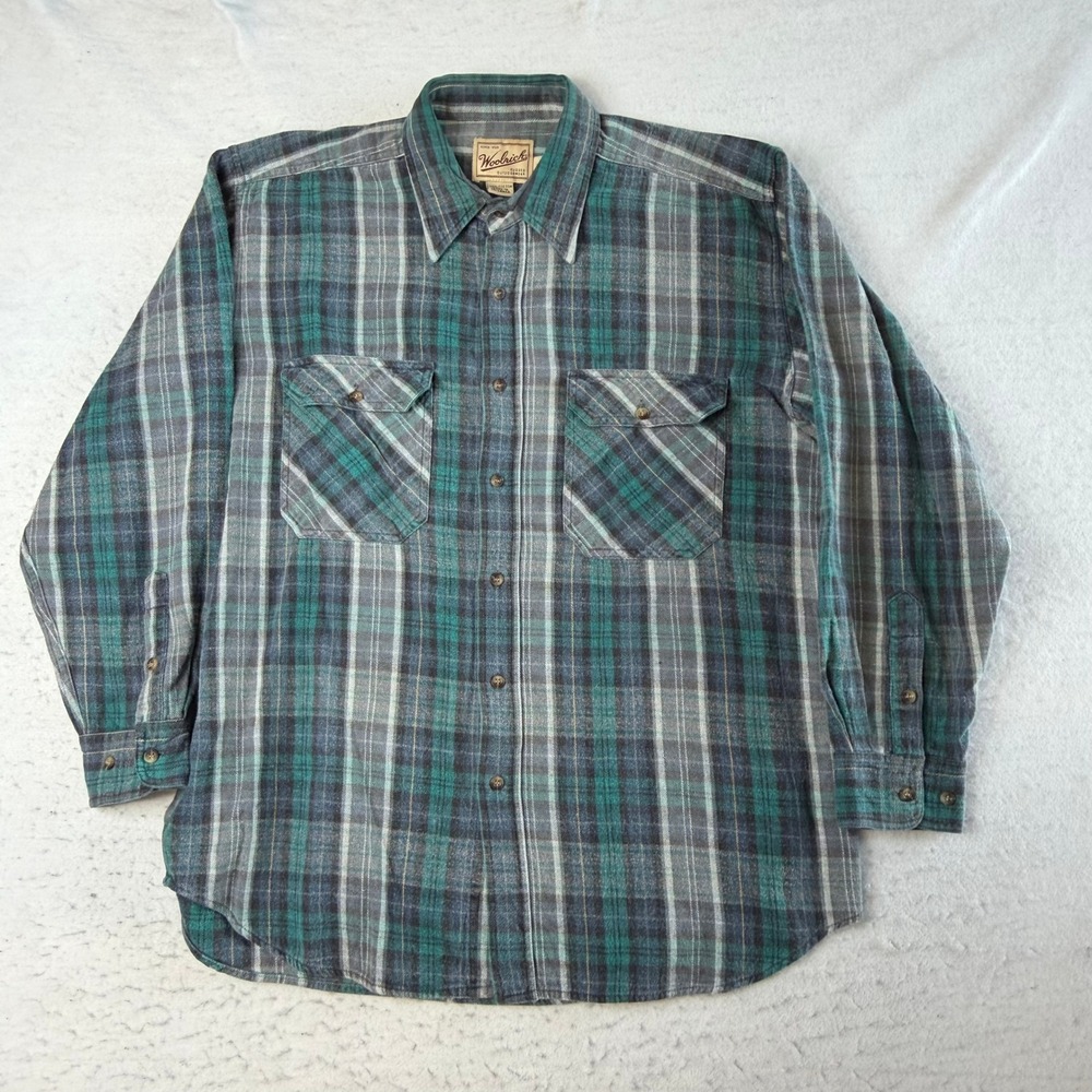 Woolrich Flannel Shirt Mens L Green Plaid Long Sleeve Button Down